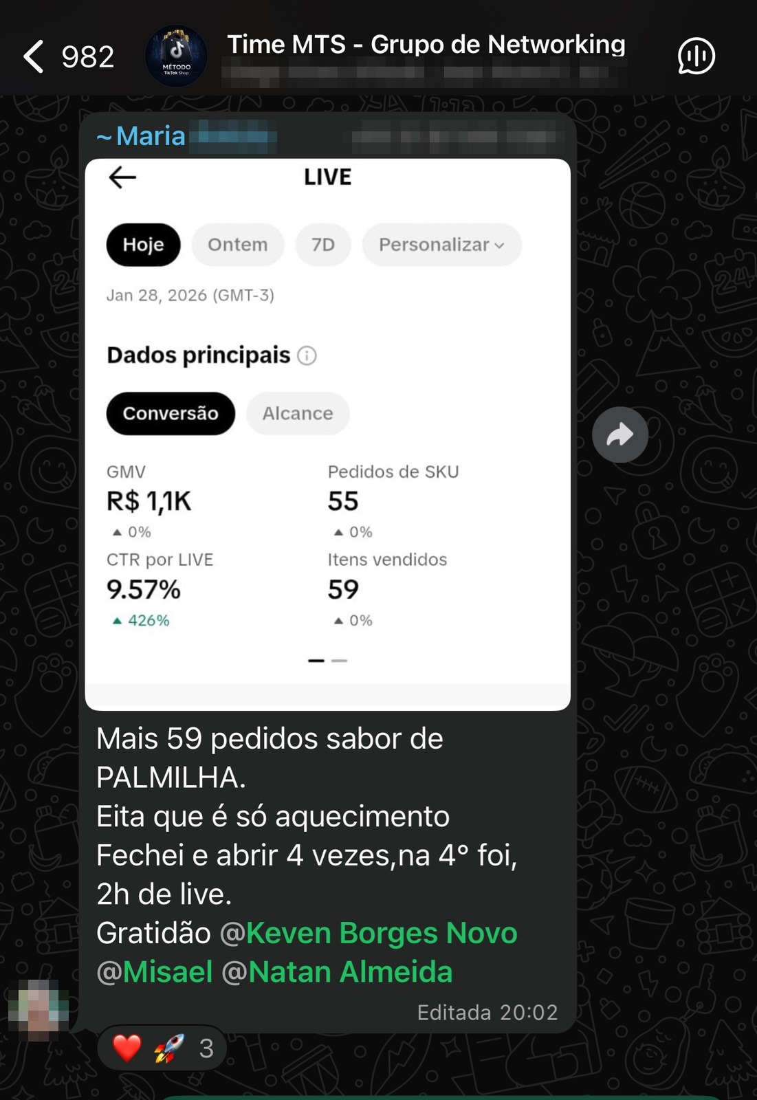 Maria: 59 itens vendidos e R$ 1,1 mil em duas horas de live