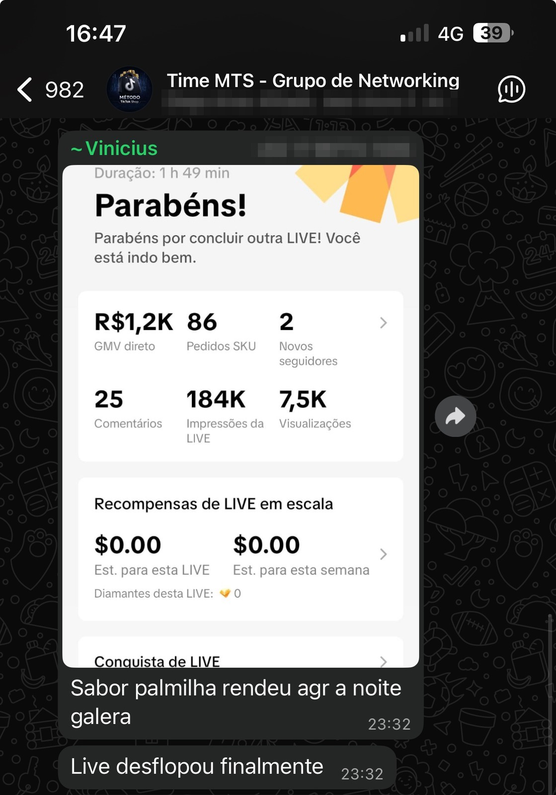 Vinícius: 86 pedidos e R$ 1,2 mil numa live que trouxe só 2 seguidores novos