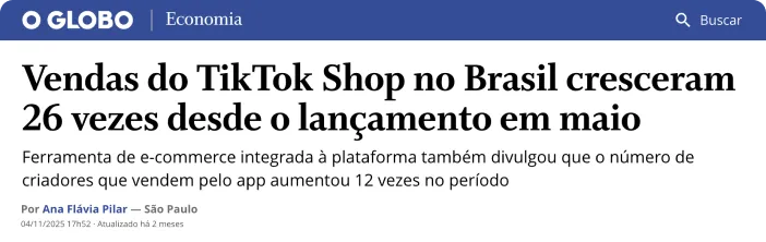 Manchete O Globo: Vendas do TikTok Shop no Brasil cresceram 26 vezes desde o lançamento