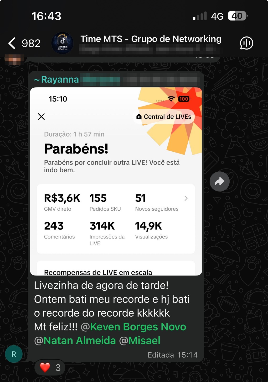 Rayanna: 155 pedidos e R$ 3,6 mil vendidos numa live de 1h57