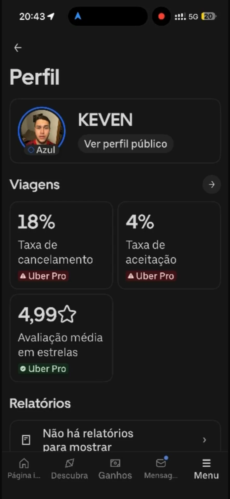 Perfil de motorista de aplicativo do Keven, da época em que dirigia