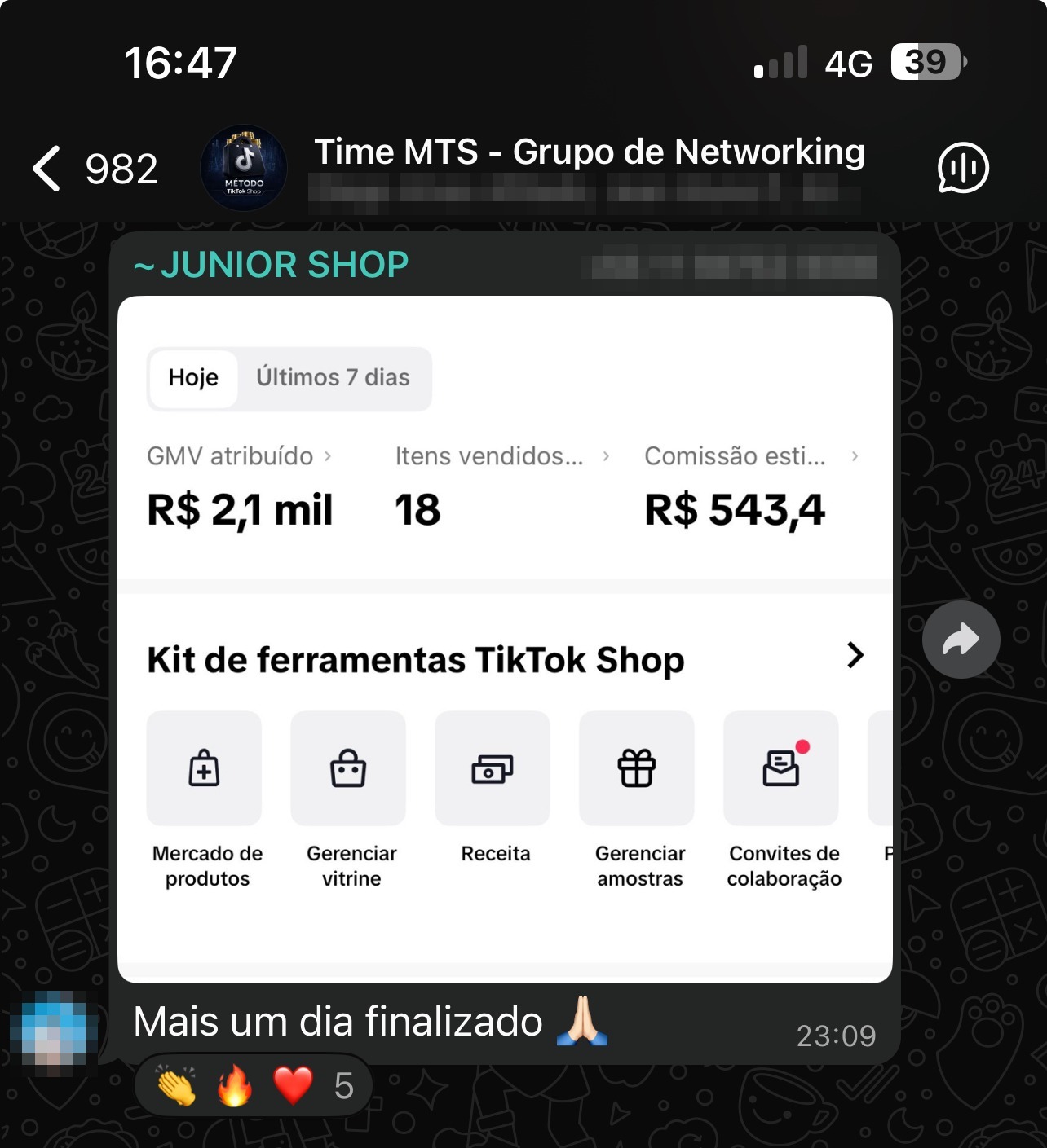 Painel de aluno com R$ 2,1 mil vendidos em um dia e R$ 543,40 de comissão estimada