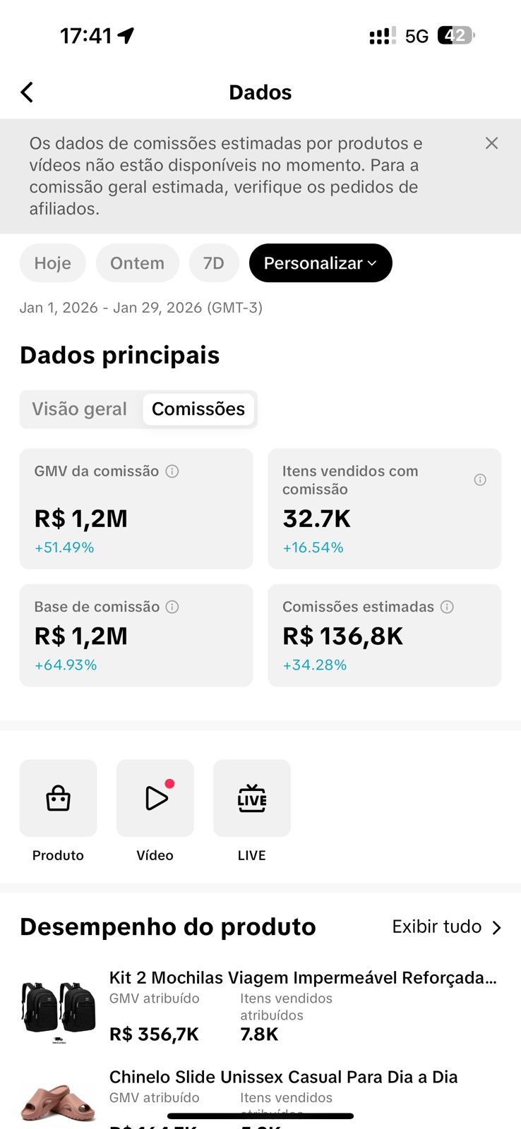 Print do painel do Keven com R$ 1,2 milhão vendidos entre 1 e 29 de janeiro de 2026
