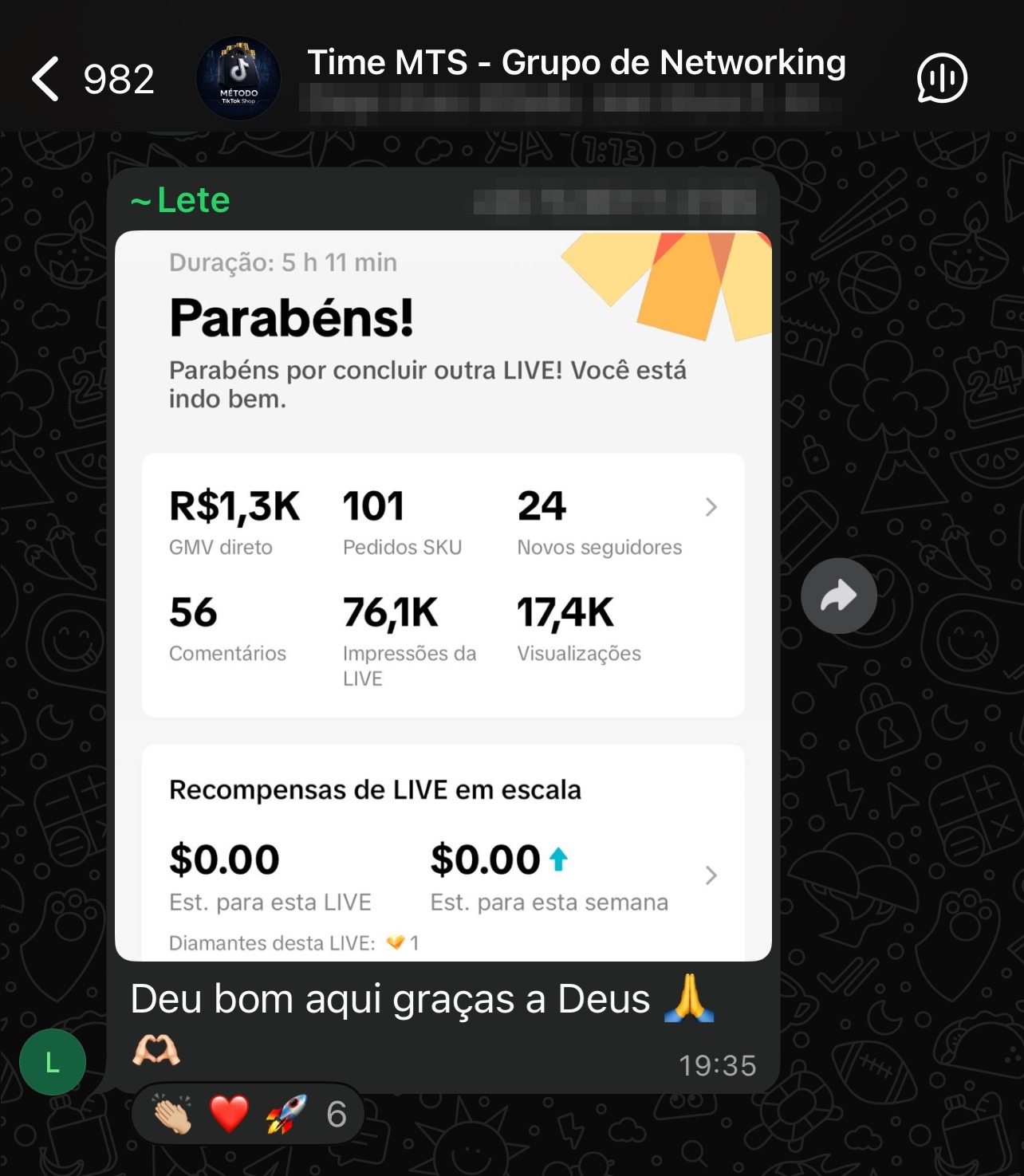Lete: 101 pedidos e R$ 1,3 mil numa live