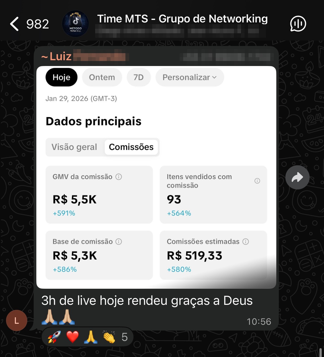 Luiz: R$ 5,5 mil vendidos e R$ 519,33 de comissão estimada em 3 horas de live